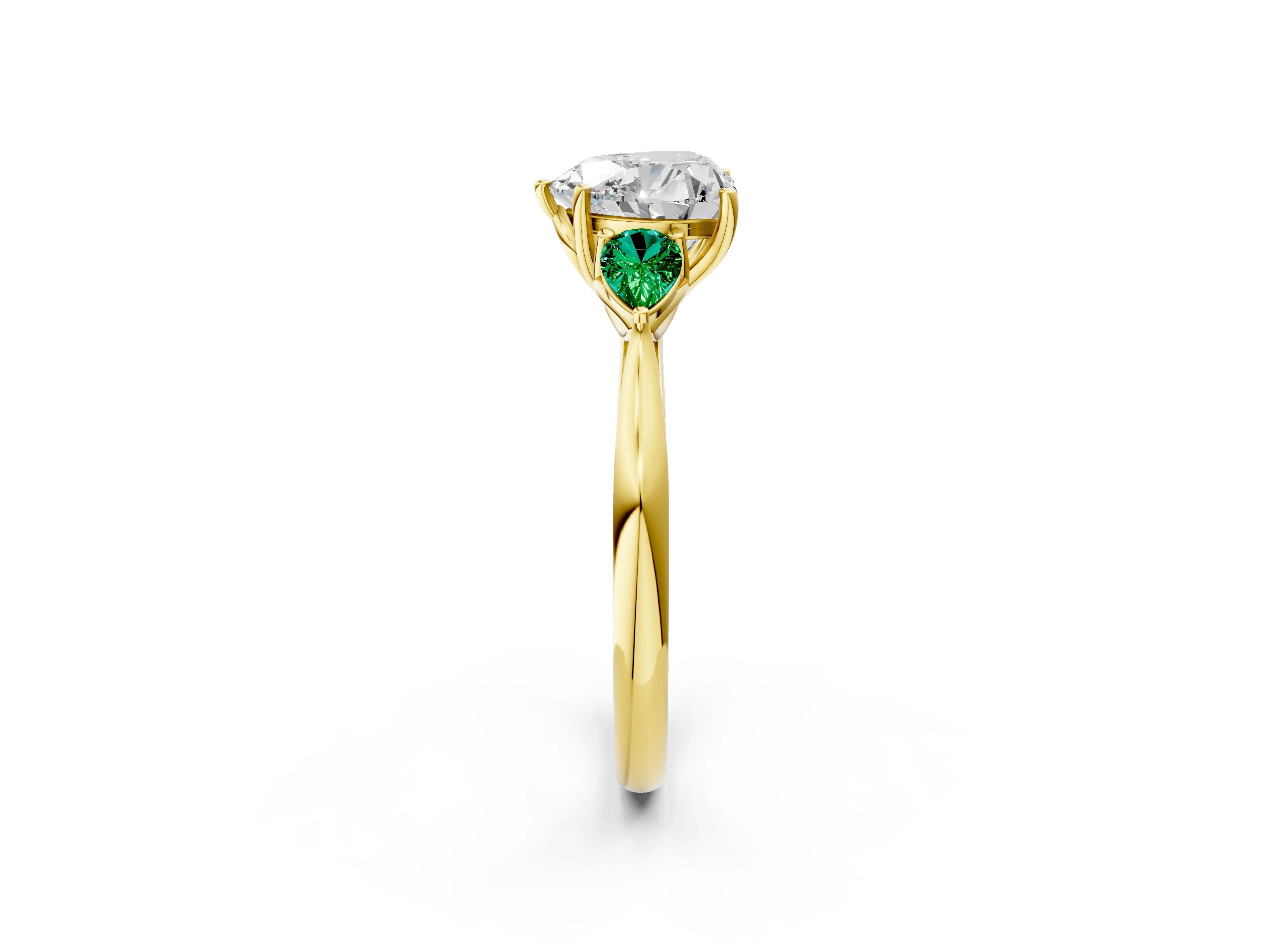 Yellow gold Heart Cut Diamond Three-Stone Ring with Pear with Emerald side stone Side Stones and Prong Setting_2