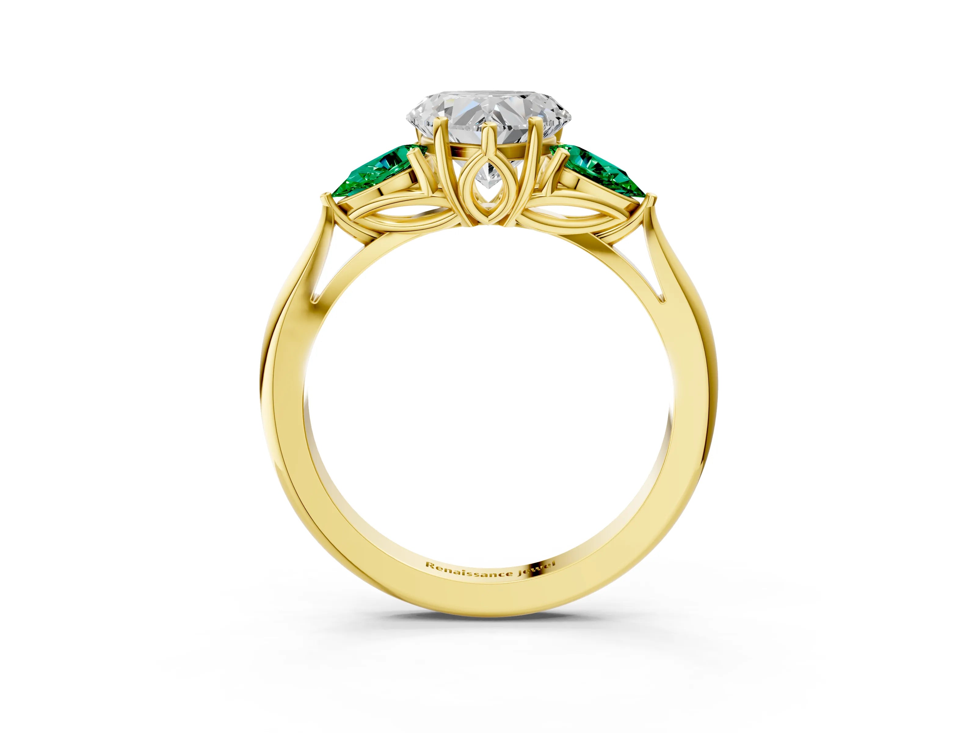 Yellow gold Heart Cut Diamond Three-Stone Ring with Pear with Emerald side stone Side Stones and Prong Setting_3