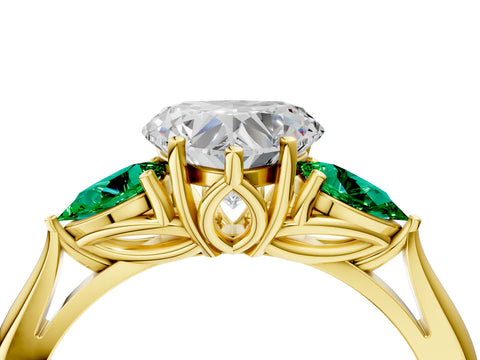 Yellow gold Heart Cut Diamond Three-Stone Ring with Pear with Emerald side stone Side Stones and Prong Setting_4