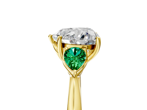 Yellow gold Heart Cut Diamond Three-Stone Ring with Pear with Emerald side stone Side Stones and Prong Setting_5
