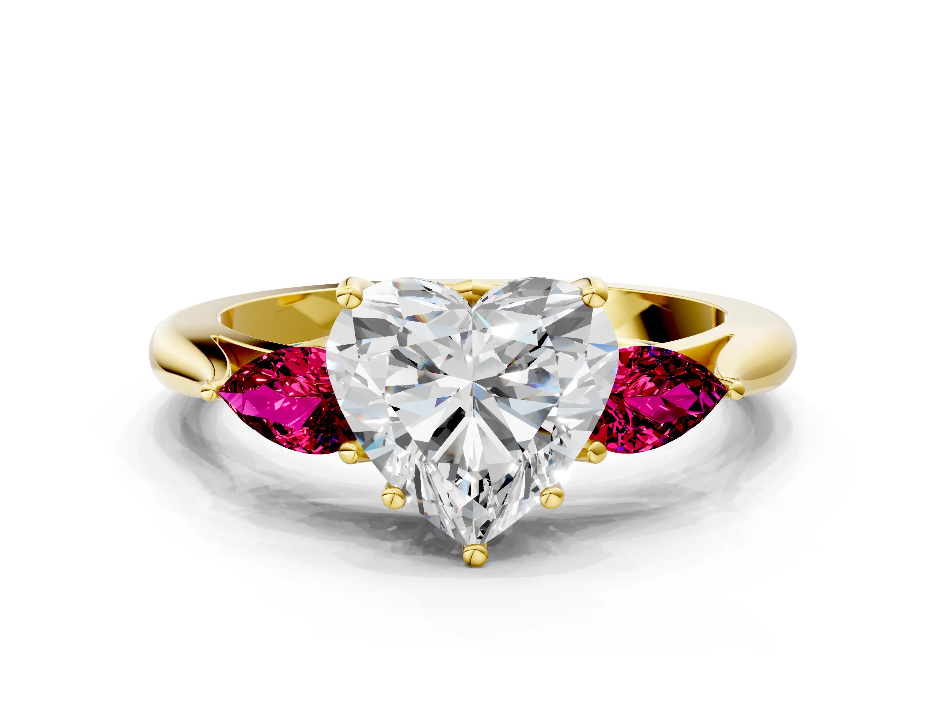 Yellow gold Heart Cut Diamond Three-Stone Ring with Pear with Garnet side stone Side Stones and Prong Setting