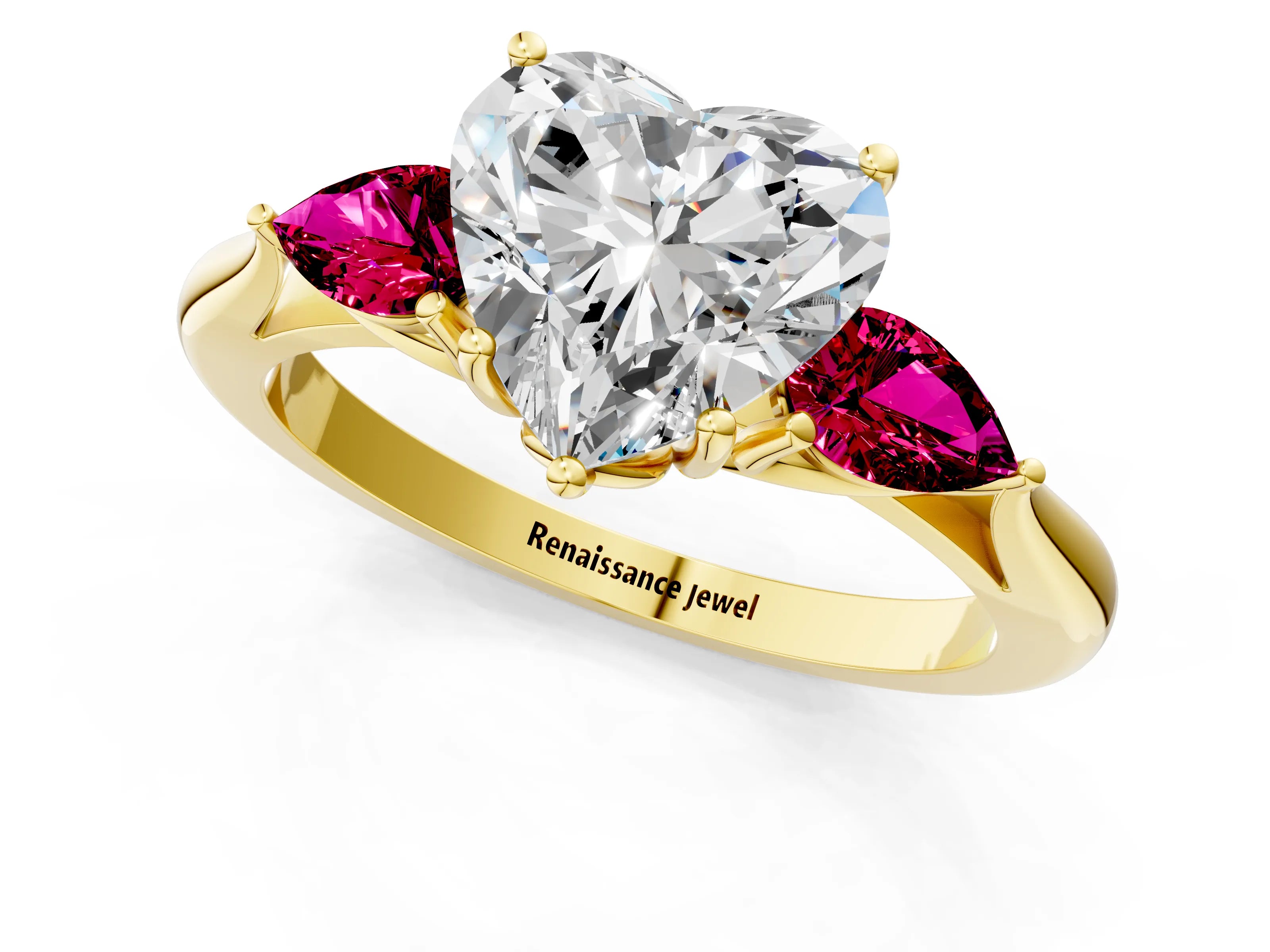 Yellow gold Heart Cut Diamond Three-Stone Ring with Pear with Garnet side stone Side Stones and Prong Setting_1