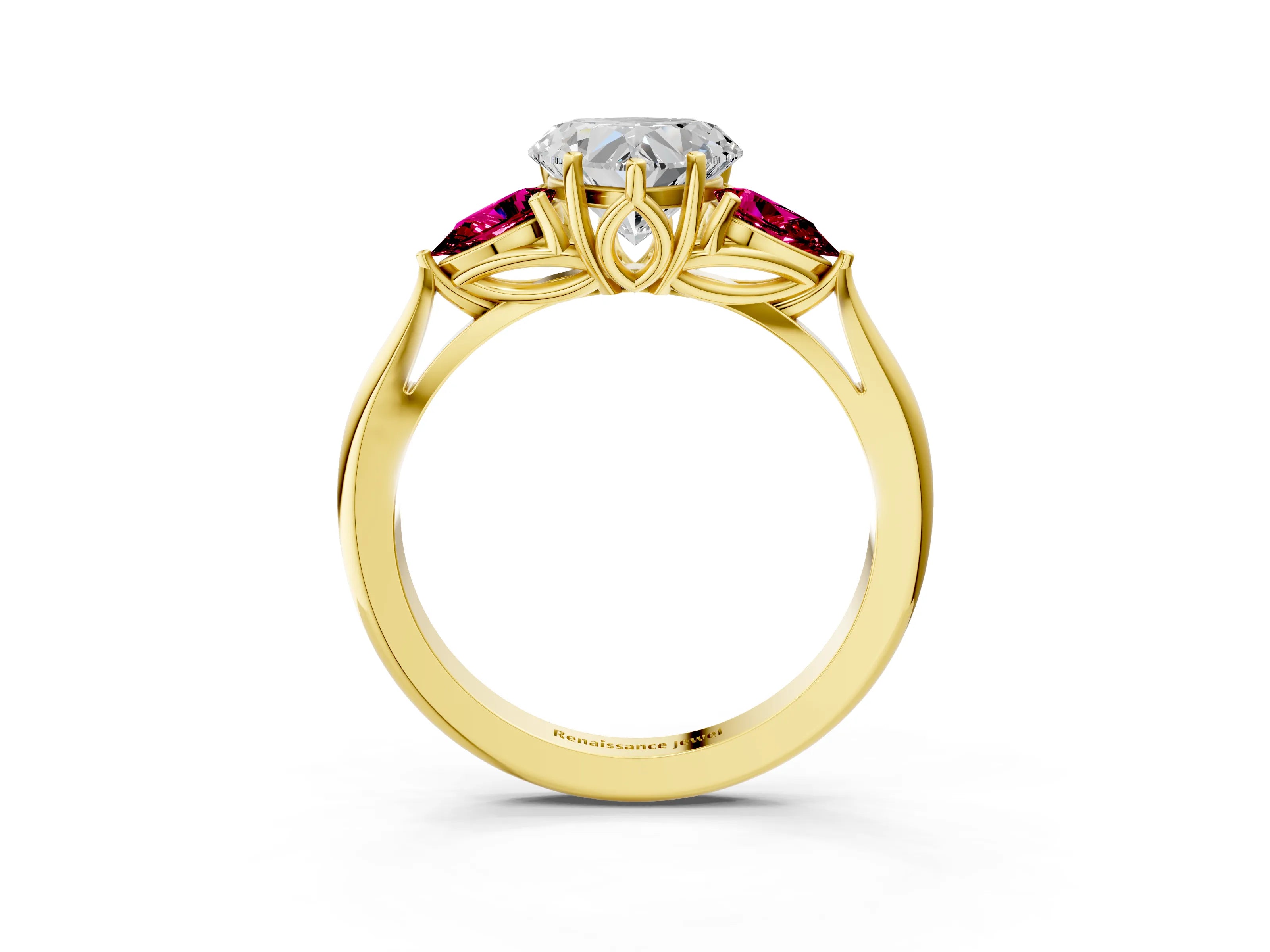 Yellow gold Heart Cut Diamond Three-Stone Ring with Pear with Garnet side stone Side Stones and Prong Setting_3