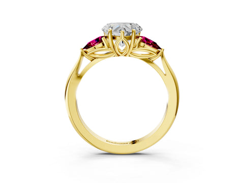 Yellow gold Heart Cut Diamond Three-Stone Ring with Pear with Garnet side stone Side Stones and Prong Setting_3