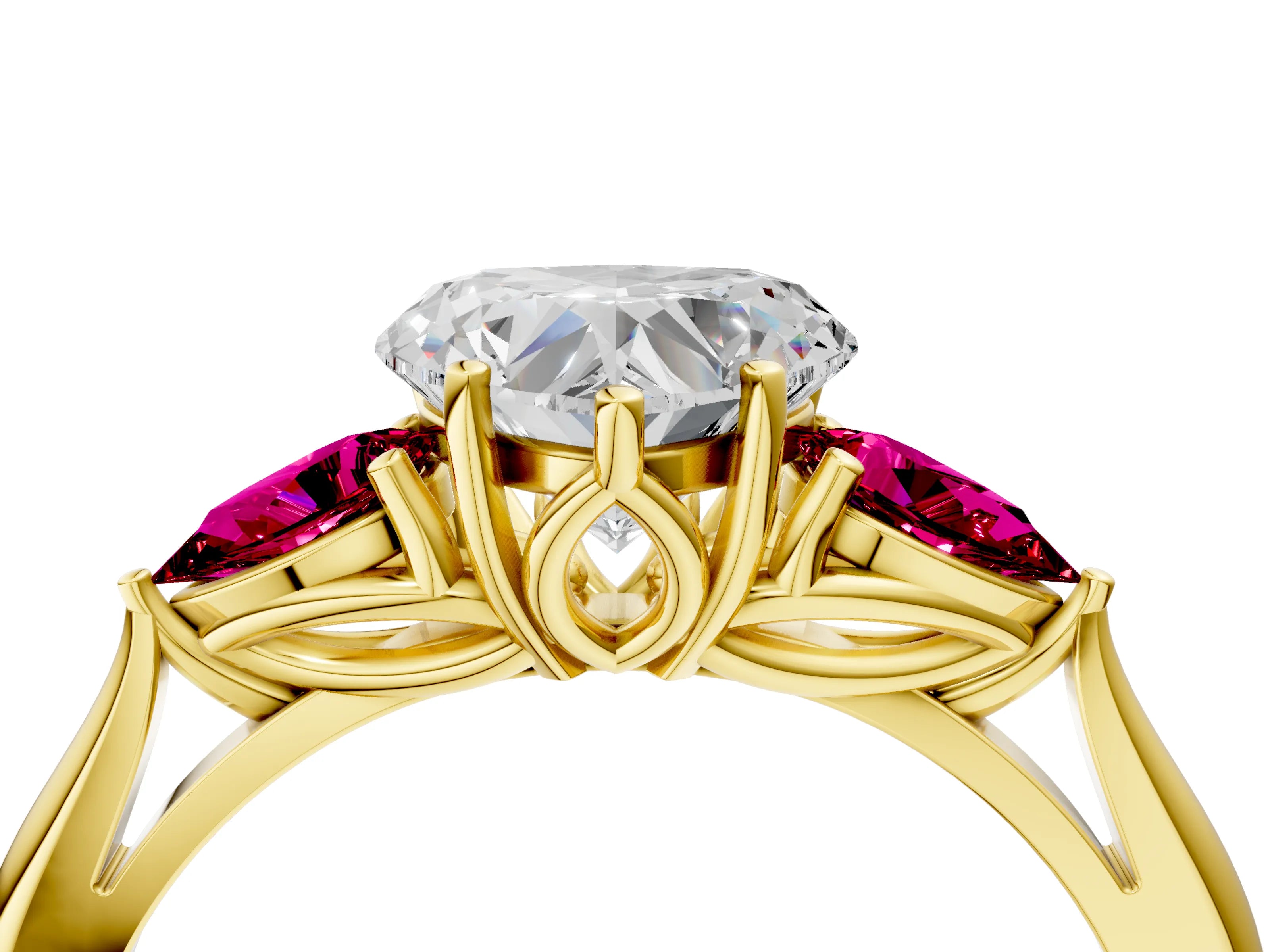 Yellow gold Heart Cut Diamond Three-Stone Ring with Pear with Garnet side stone Side Stones and Prong Setting_4