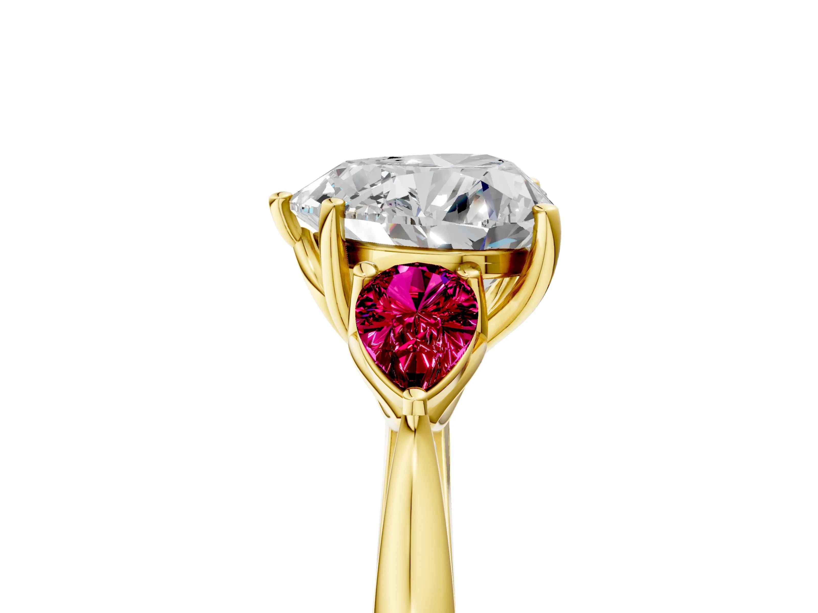 Yellow gold Heart Cut Diamond Three-Stone Ring with Pear with Garnet side stone Side Stones and Prong Setting_5