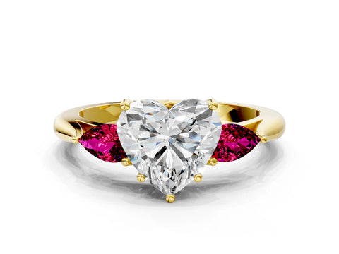 Yellow gold Heart Cut Diamond Three-Stone Ring with Pear with Garnet side stone Side Stones and Prong Setting