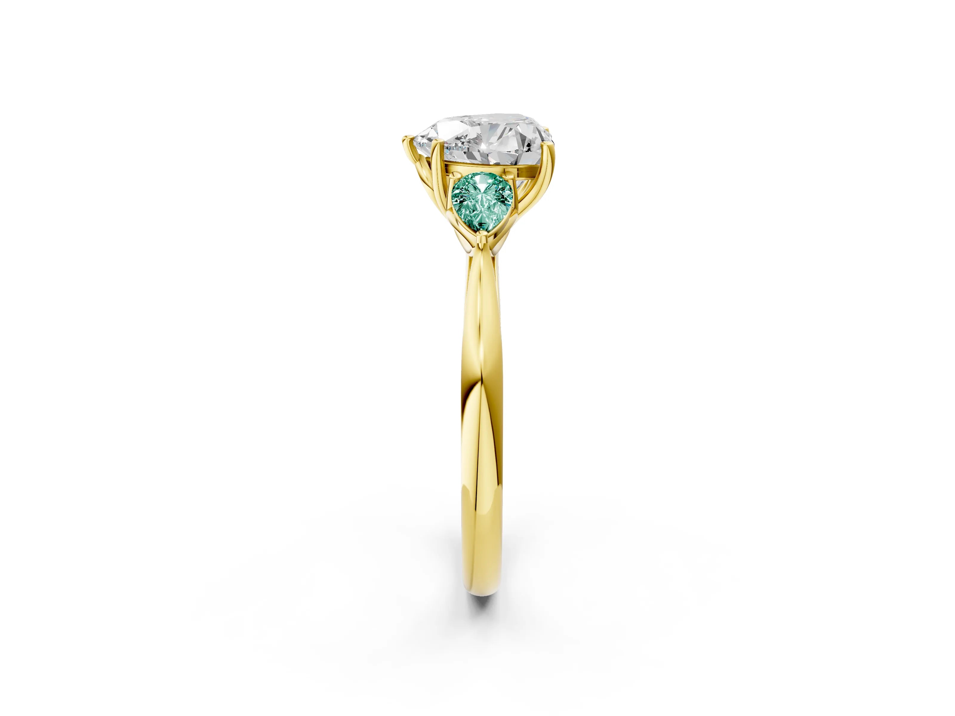 Yellow gold Heart Cut Diamond Three-Stone Ring with Pear with Green Sapphire side stone Side Stones and Prong Setting_2