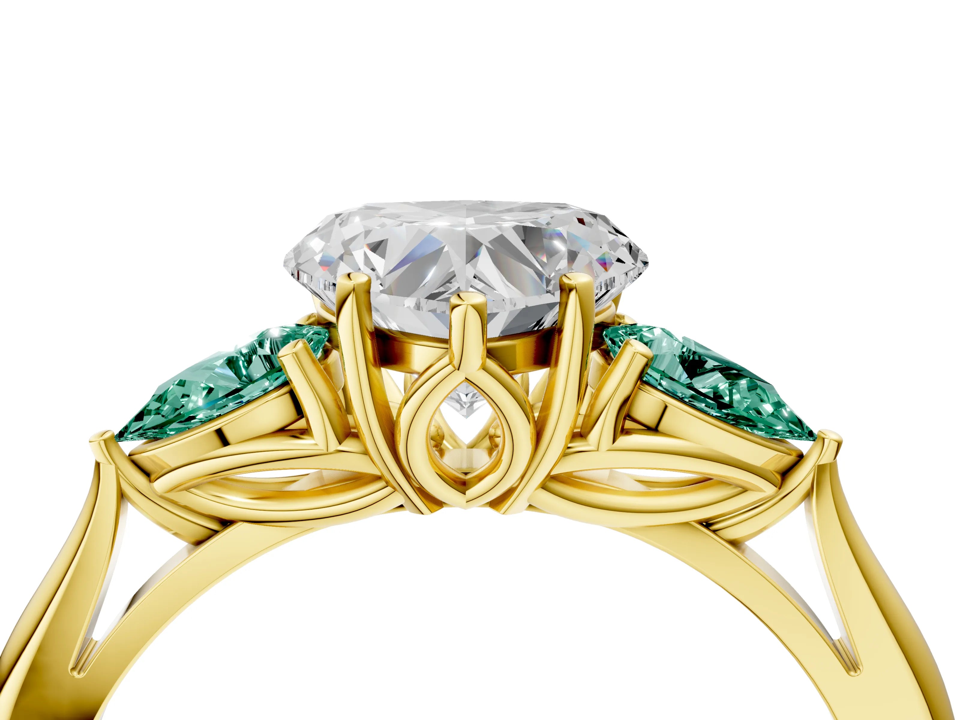 Yellow gold Heart Cut Diamond Three-Stone Ring with Pear with Green Sapphire side stone Side Stones and Prong Setting_4