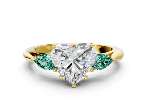 Yellow gold Heart Cut Diamond Three-Stone Ring with Pear with Green Sapphire side stone Side Stones and Prong Setting