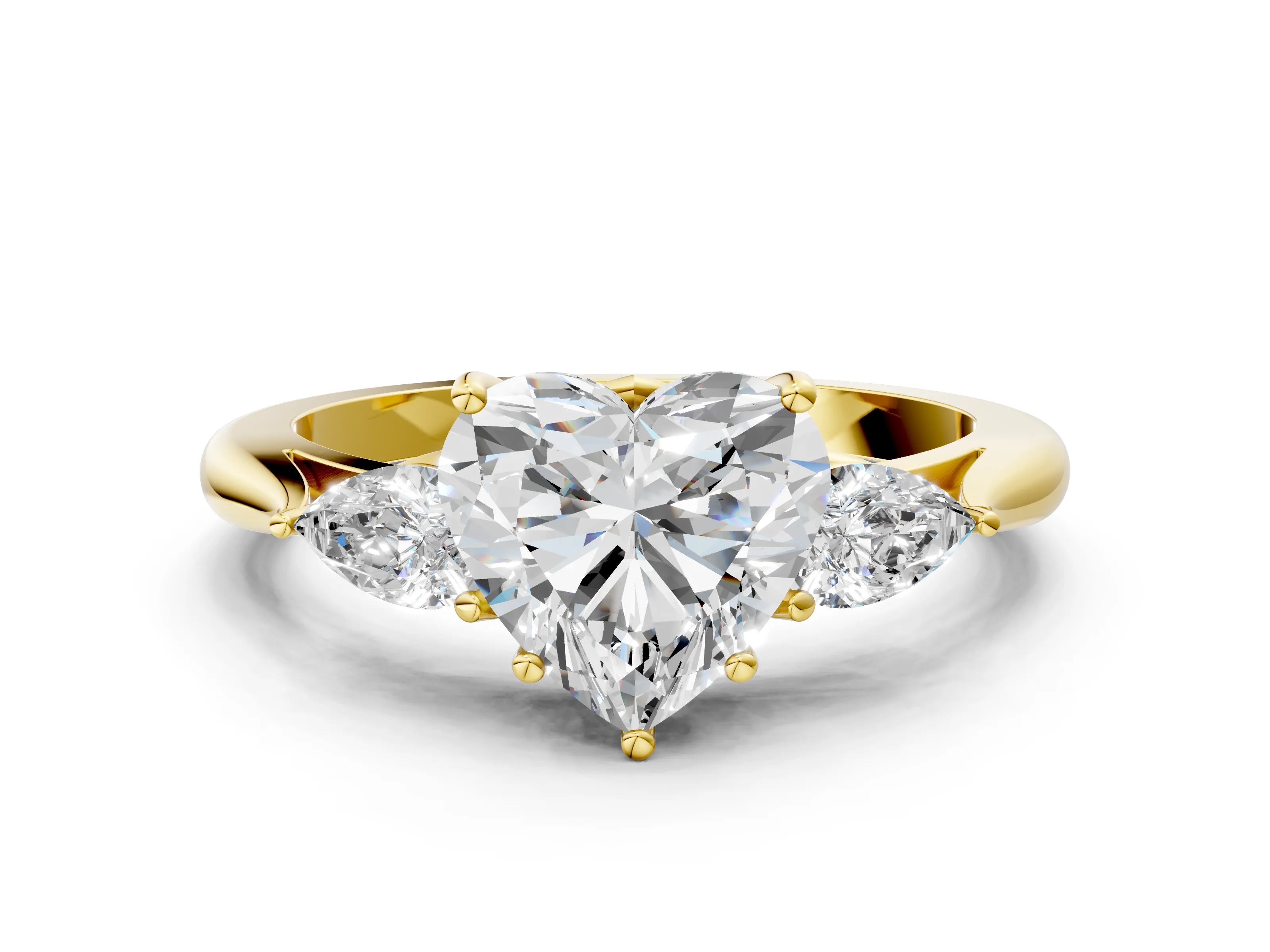 Yellow gold Heart Cut Diamond Three-Stone Ring with Pear with Moissanite side stone Side Stones and Prong Setting