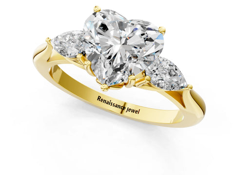 Yellow gold Heart Cut Diamond Three-Stone Ring with Pear with Moissanite side stone Side Stones and Prong Setting_1