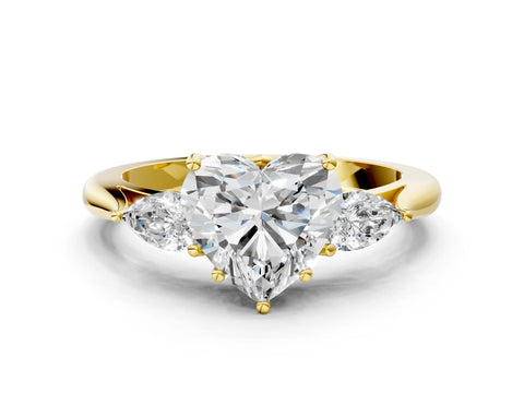 Yellow gold Heart Cut Diamond Three-Stone Ring with Pear with Moissanite side stone Side Stones and Prong Setting