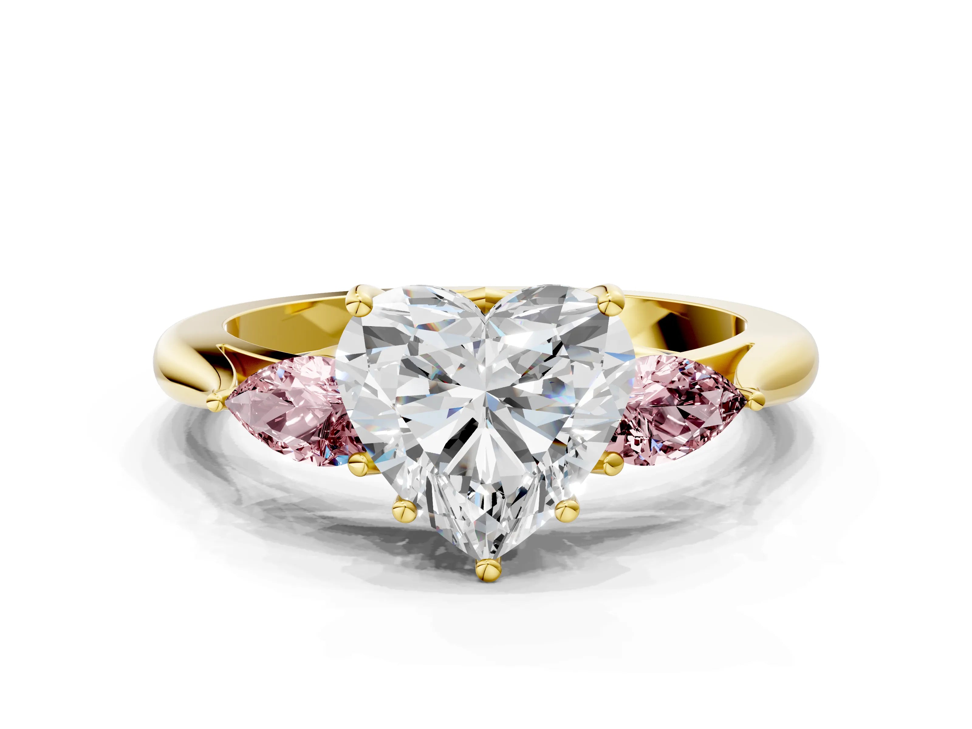 Yellow gold Heart Cut Diamond Three-Stone Ring with Pear with Morganite side stone Side Stones and Prong Setting