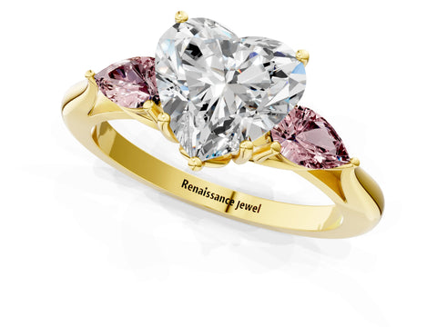 Yellow gold Heart Cut Diamond Three-Stone Ring with Pear with Morganite side stone Side Stones and Prong Setting_1