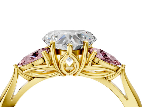Yellow gold Heart Cut Diamond Three-Stone Ring with Pear with Morganite side stone Side Stones and Prong Setting_4