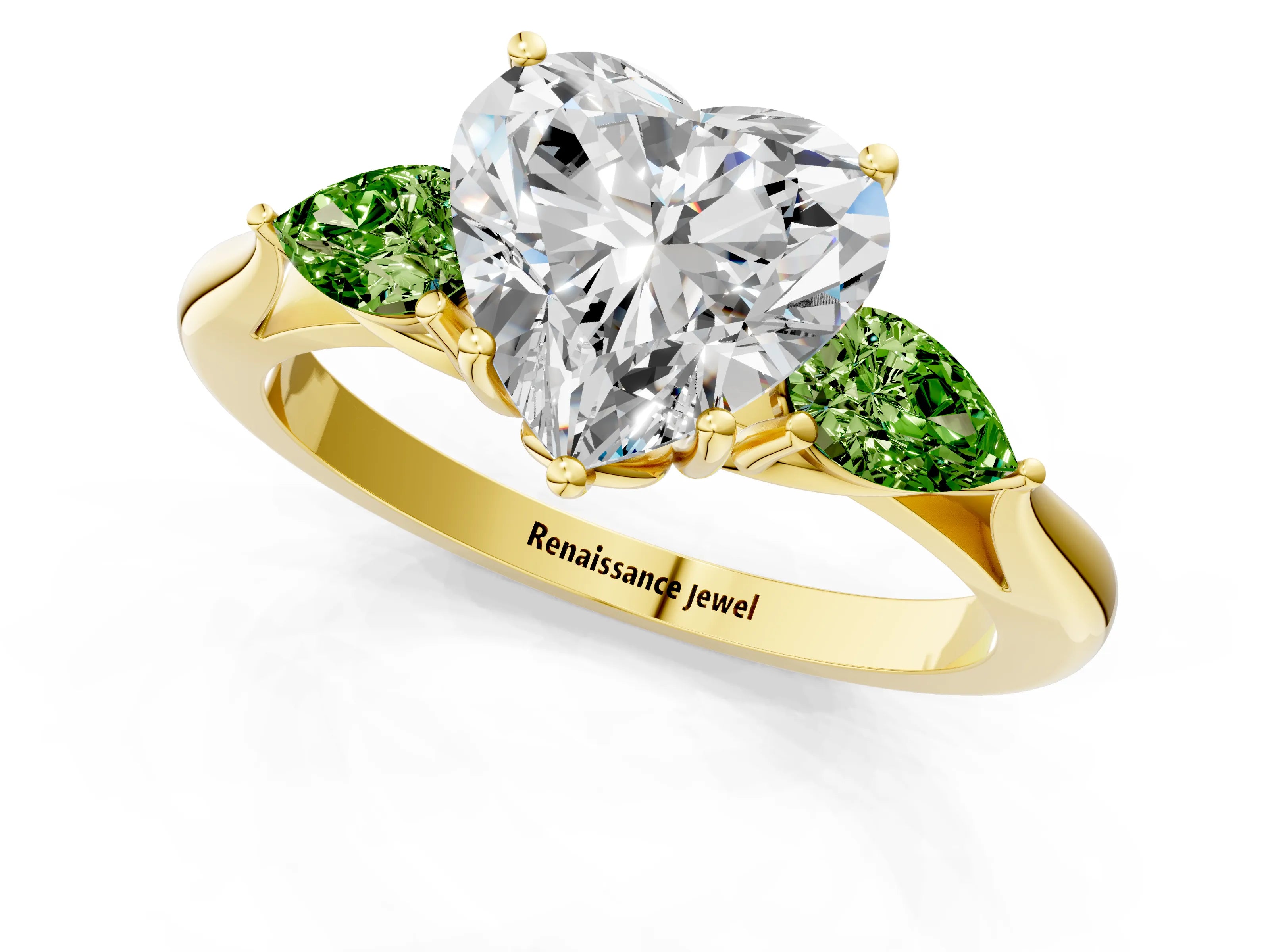 Yellow gold Heart Cut Diamond Three-Stone Ring with Pear with Peridot side stone Side Stones and Prong Setting_1