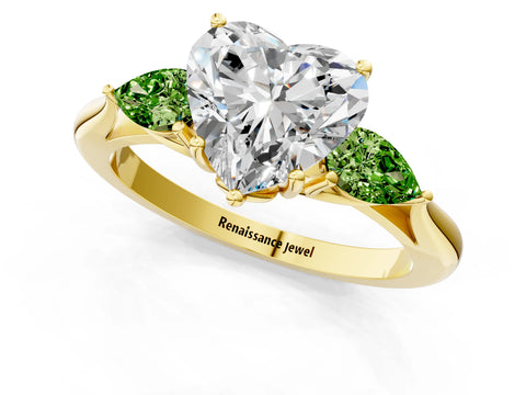 Yellow gold Heart Cut Diamond Three-Stone Ring with Pear with Peridot side stone Side Stones and Prong Setting_1
