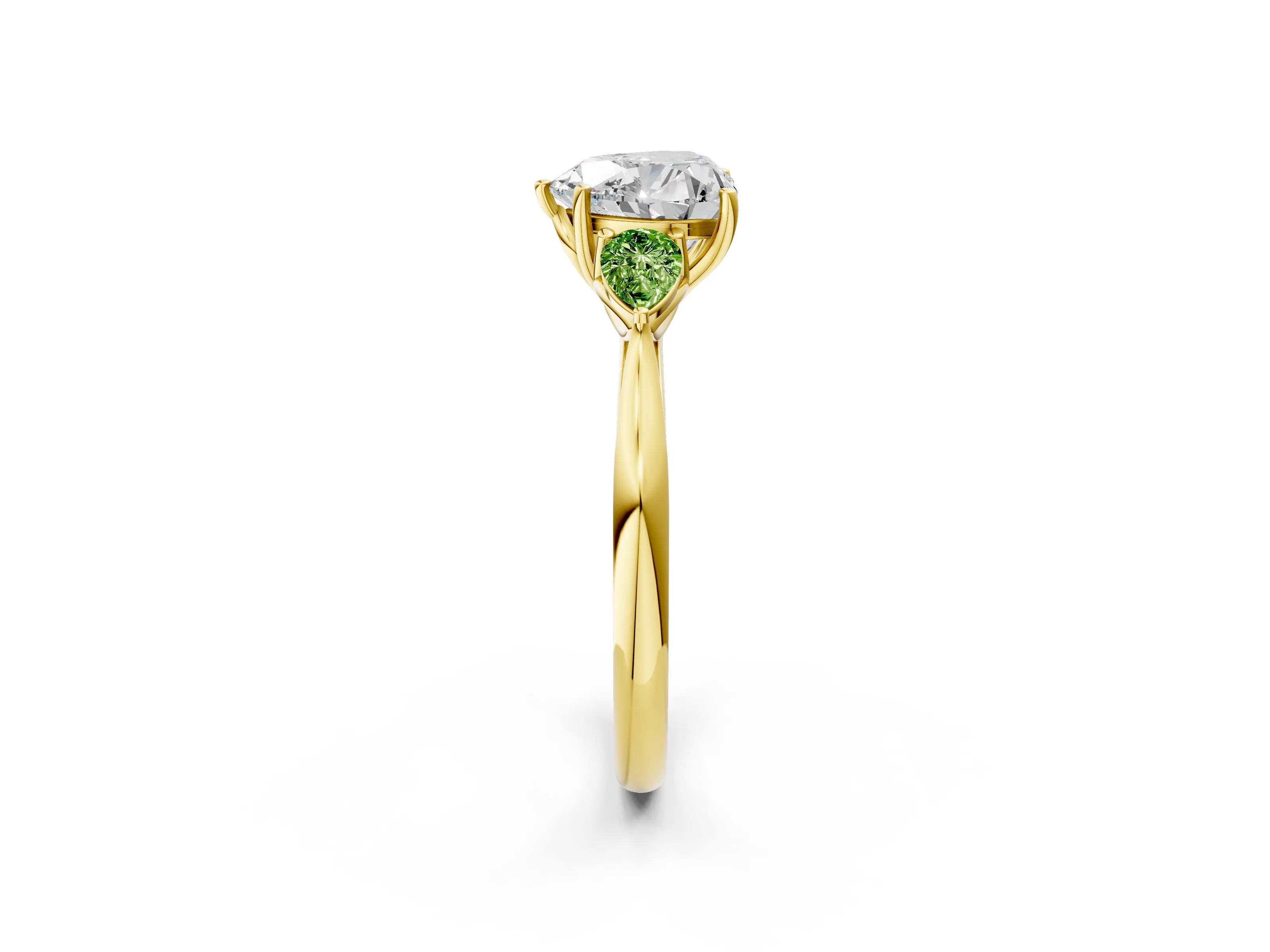Yellow gold Heart Cut Diamond Three-Stone Ring with Pear with Peridot side stone Side Stones and Prong Setting_2