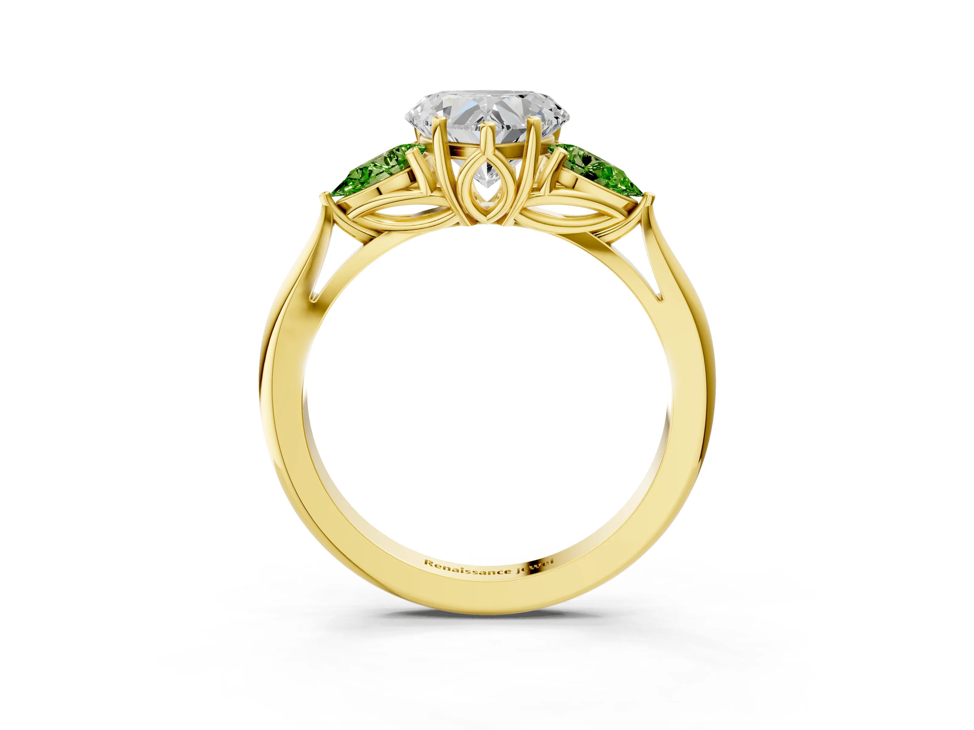 Yellow gold Heart Cut Diamond Three-Stone Ring with Pear with Peridot side stone Side Stones and Prong Setting_3