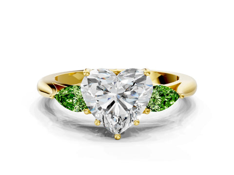 Yellow gold Heart Cut Diamond Three-Stone Ring with Pear with Peridot side stone Side Stones and Prong Setting