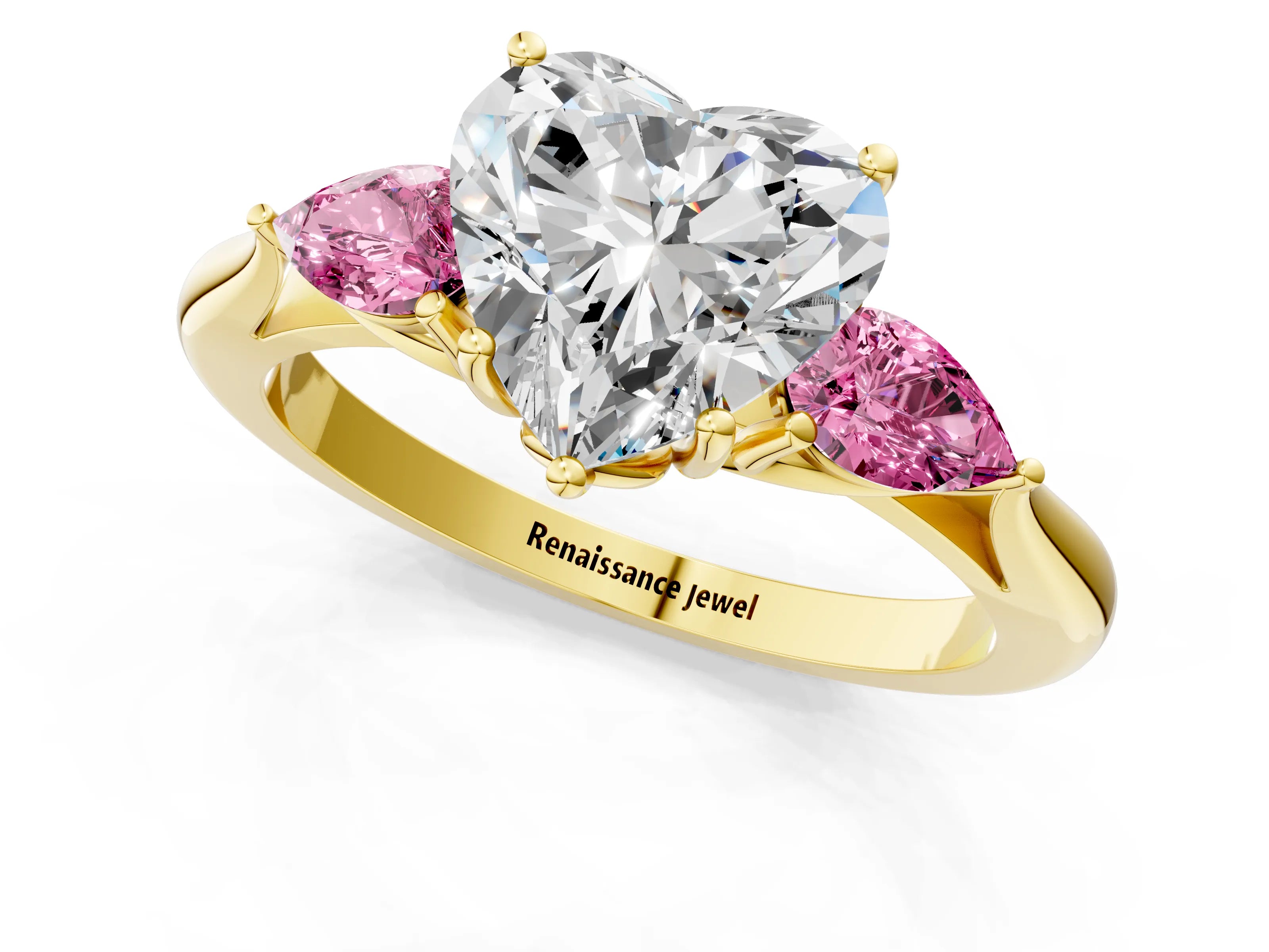 Yellow gold Heart Cut Diamond Three-Stone Ring with Pear with Pink Sapphire side stone Side Stones and Prong Setting_1