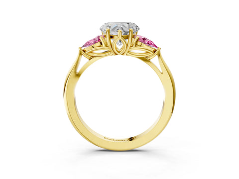 Yellow gold Heart Cut Diamond Three-Stone Ring with Pear with Pink Sapphire side stone Side Stones and Prong Setting_3