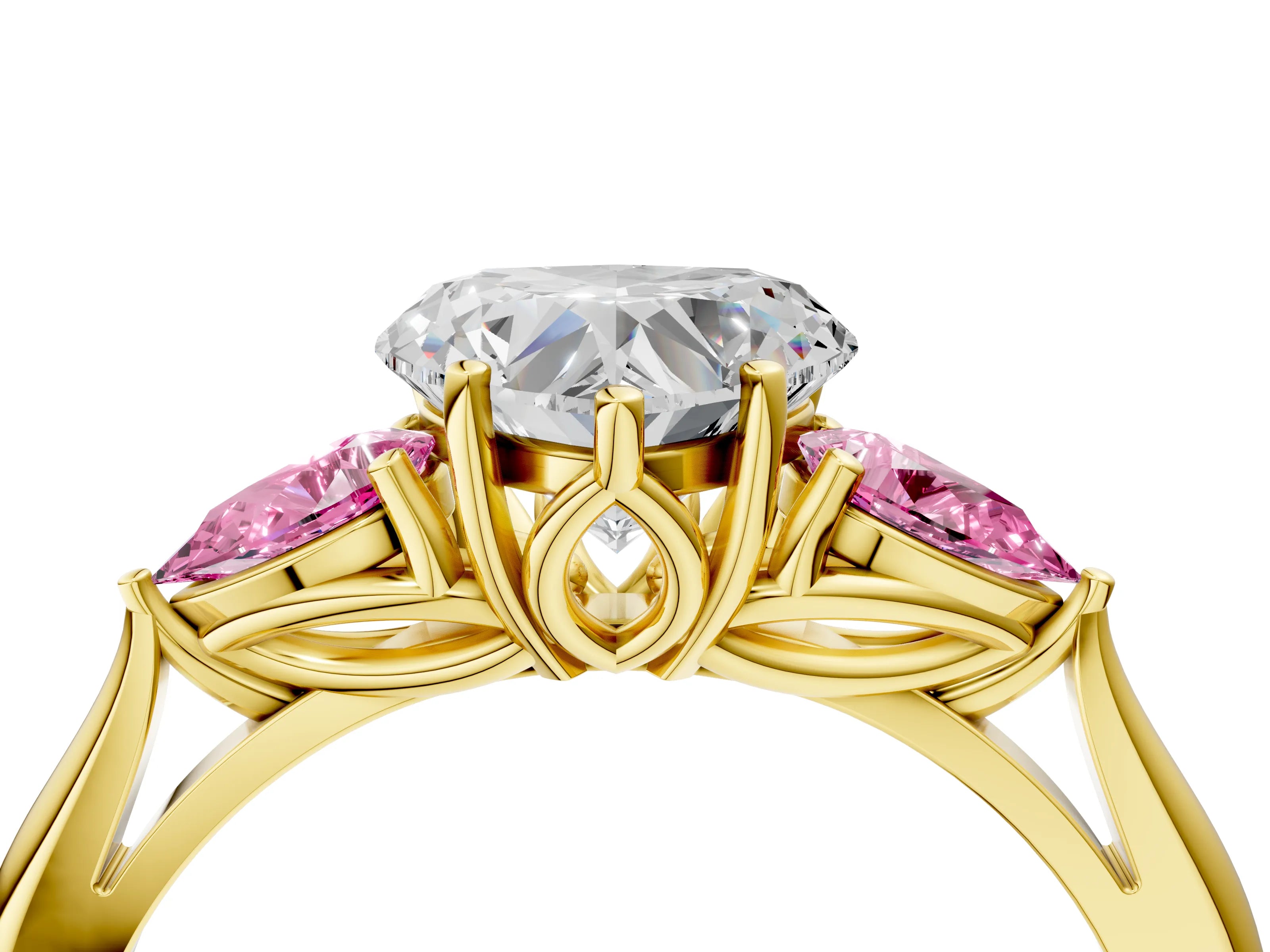 Yellow gold Heart Cut Diamond Three-Stone Ring with Pear with Pink Sapphire side stone Side Stones and Prong Setting_4