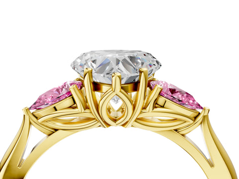 Yellow gold Heart Cut Diamond Three-Stone Ring with Pear with Pink Sapphire side stone Side Stones and Prong Setting_4