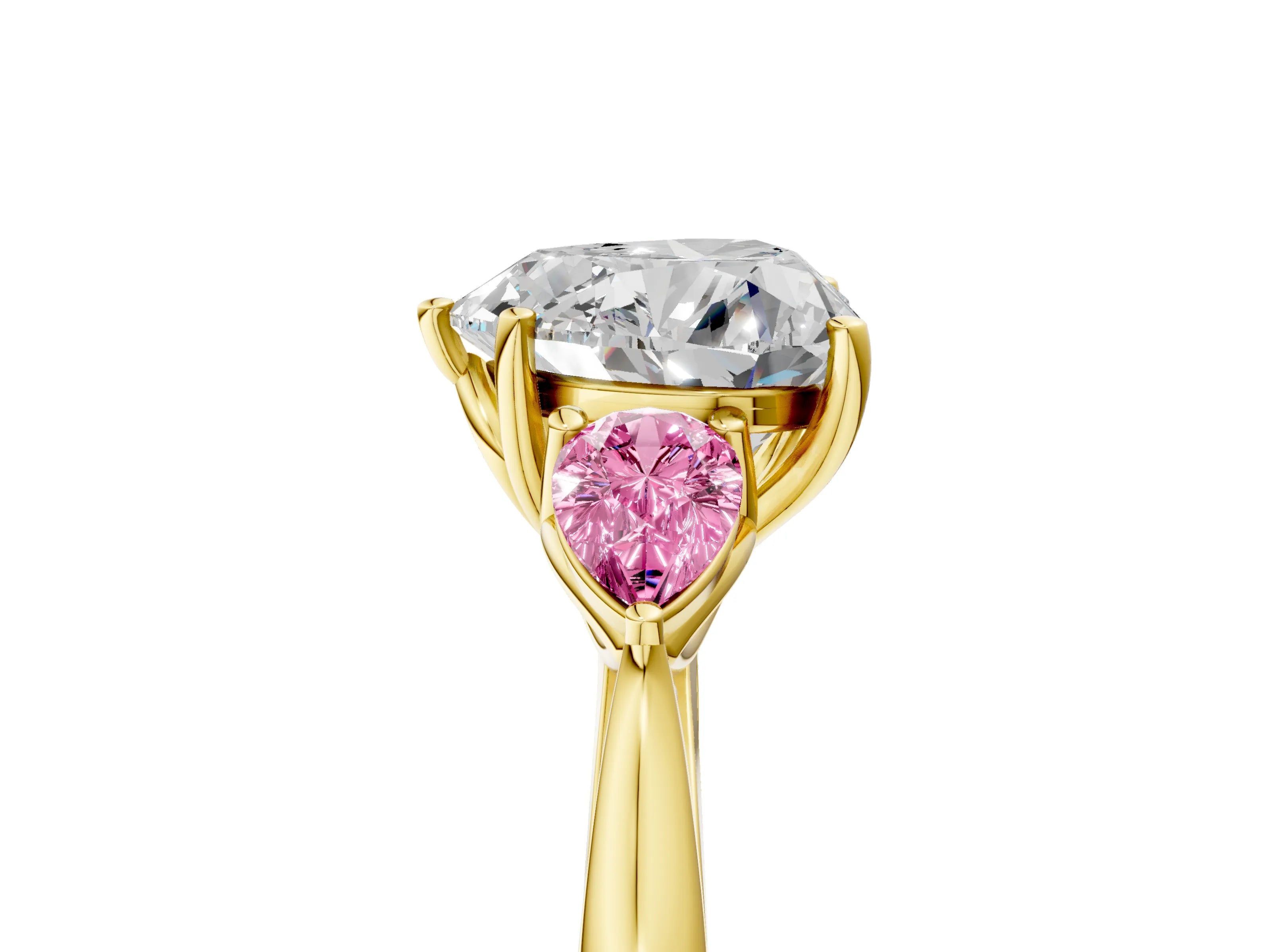 Yellow gold Heart Cut Diamond Three-Stone Ring with Pear with Pink Sapphire side stone Side Stones and Prong Setting_5
