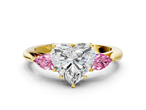 Yellow gold Heart Cut Diamond Three-Stone Ring with Pear with Pink Sapphire side stone Side Stones and Prong Setting