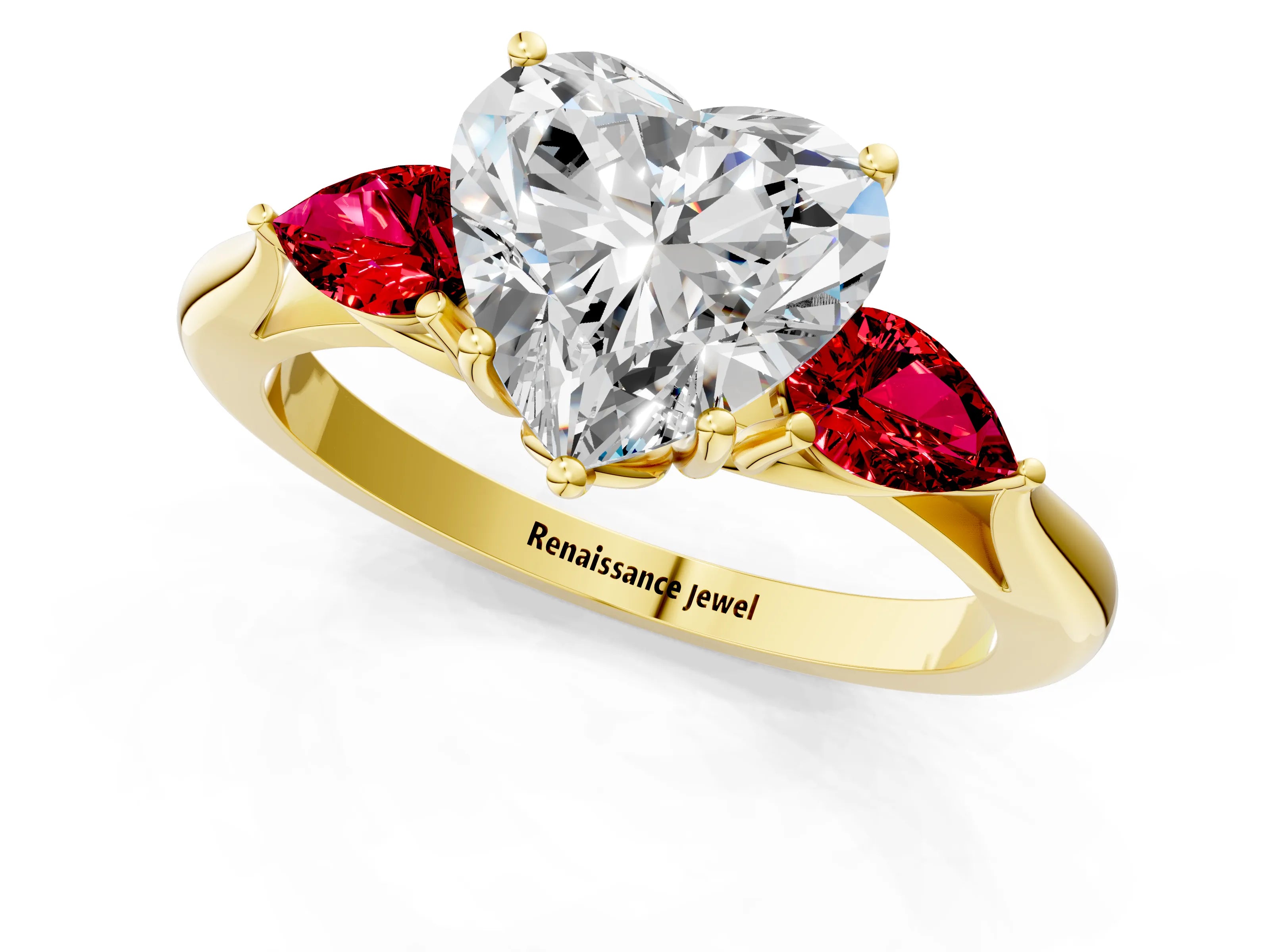 Yellow gold Heart Cut Diamond Three-Stone Ring with Pear with Ruby side stone Side Stones and Prong Setting_1