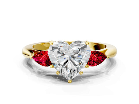 Yellow gold Heart Cut Diamond Three-Stone Ring with Pear with Ruby side stone Side Stones and Prong Setting