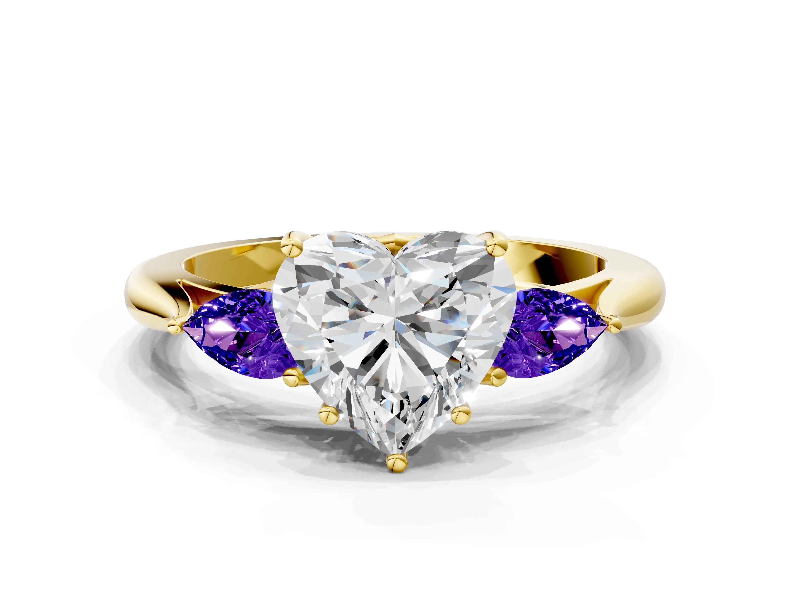 Yellow gold Heart Cut Diamond Three-Stone Ring with Pear with Tanzanite side stone Side Stones and Prong Setting