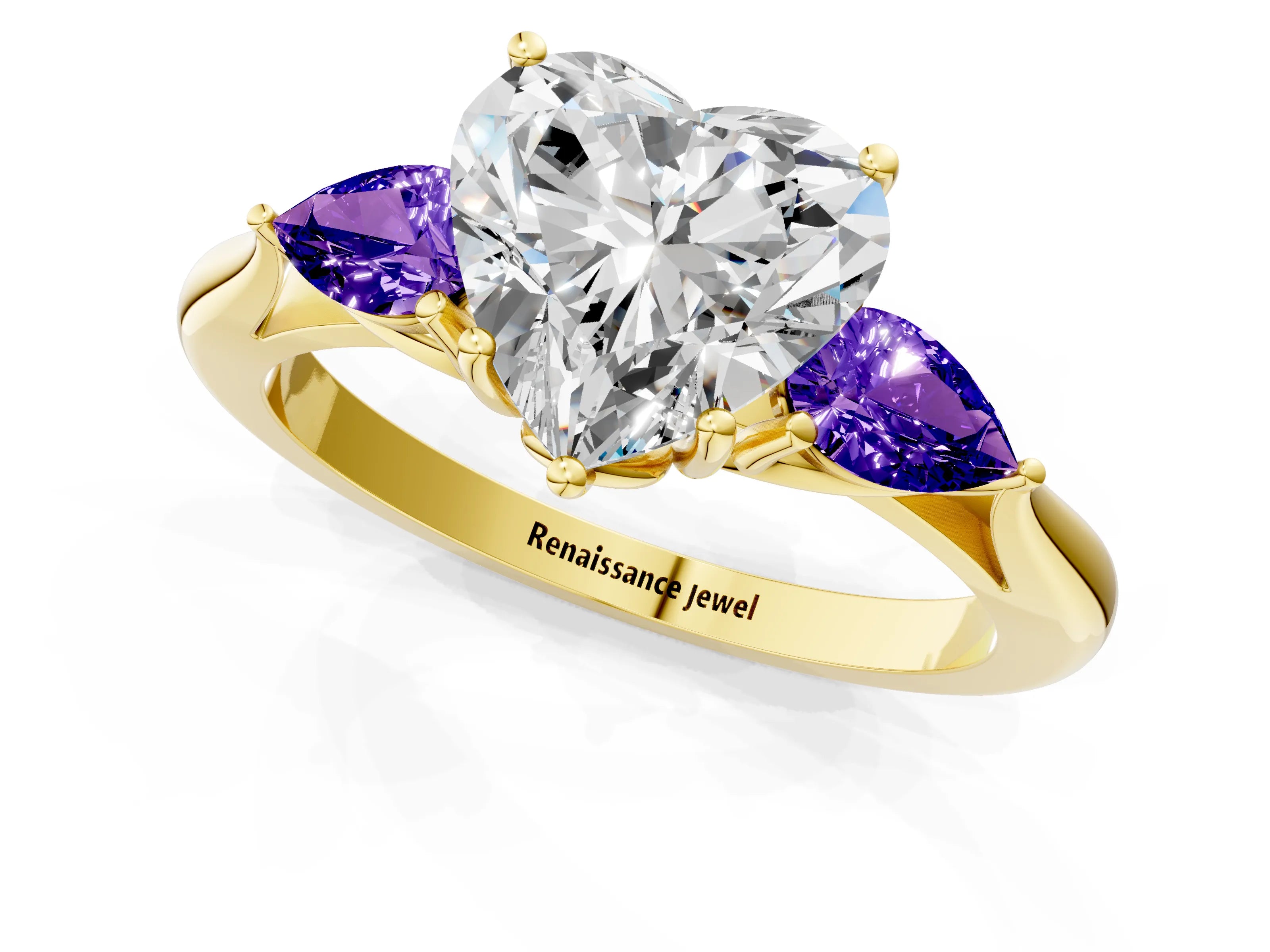 Yellow gold Heart Cut Diamond Three-Stone Ring with Pear with Tanzanite side stone Side Stones and Prong Setting_1