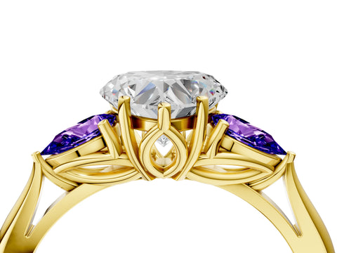 Yellow gold Heart Cut Diamond Three-Stone Ring with Pear with Tanzanite side stone Side Stones and Prong Setting_4