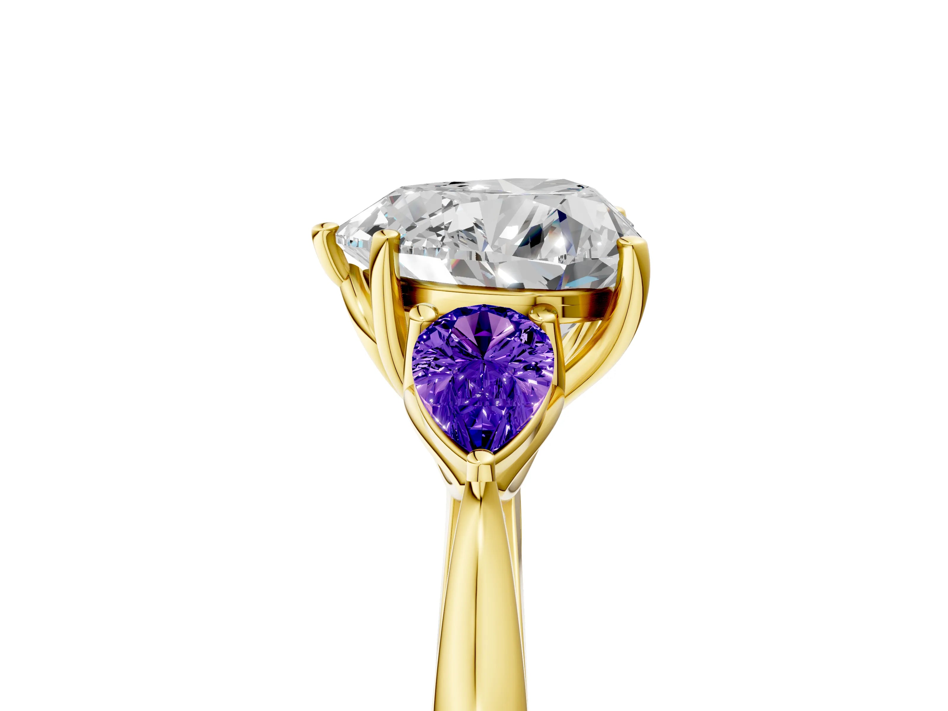 Yellow gold Heart Cut Diamond Three-Stone Ring with Pear with Tanzanite side stone Side Stones and Prong Setting_5