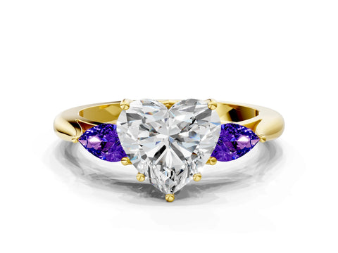 Yellow gold Heart Cut Diamond Three-Stone Ring with Pear with Tanzanite side stone Side Stones and Prong Setting