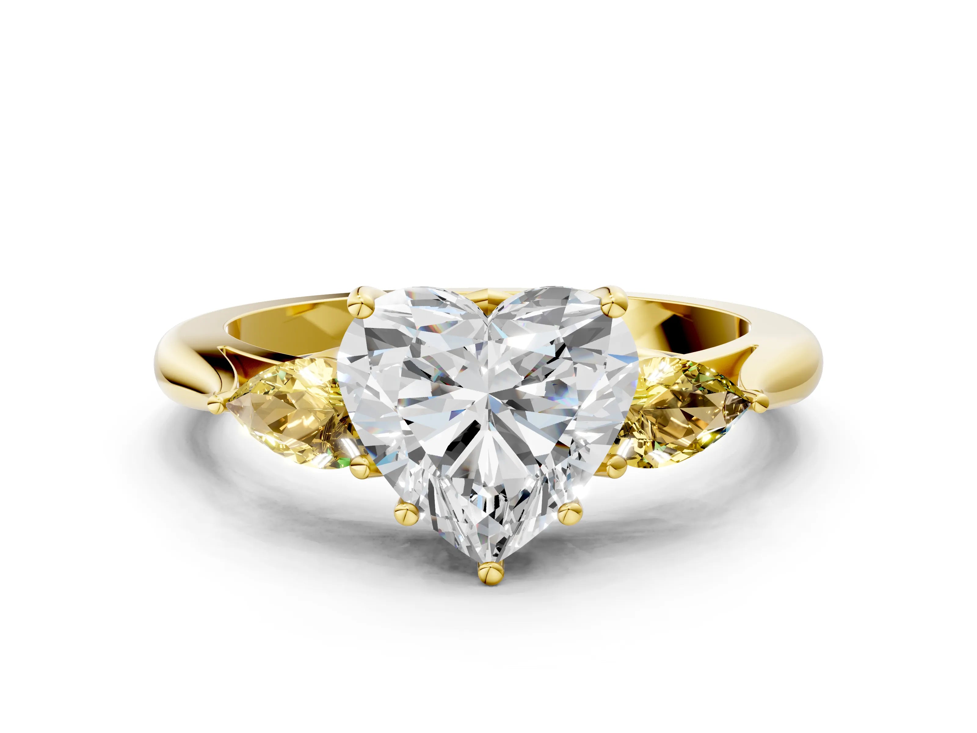 Yellow gold Heart Cut Diamond Three-Stone Ring with Pear with Yellow Sapphire side stone Side Stones and Prong Setting