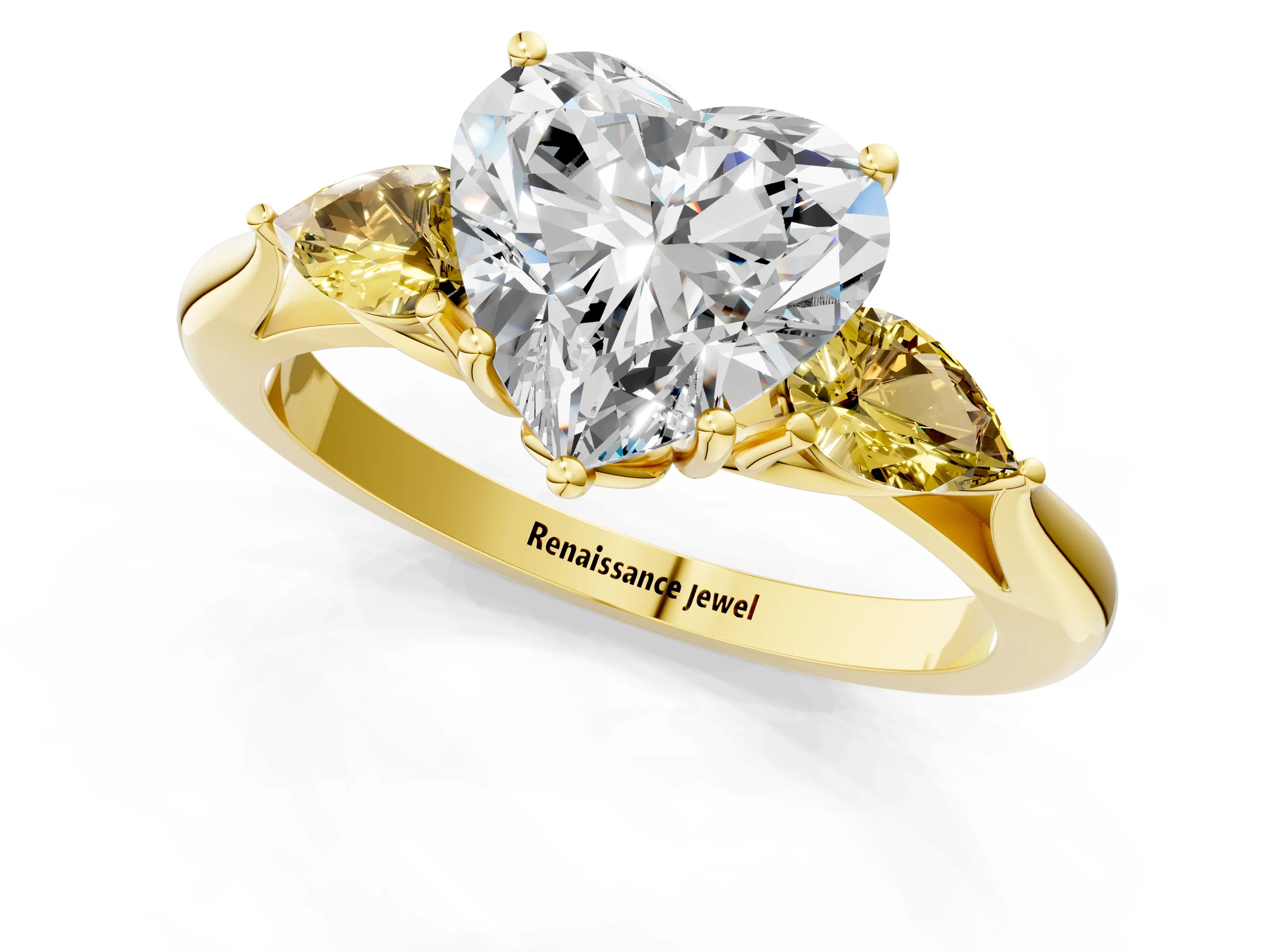 Yellow gold Heart Cut Diamond Three-Stone Ring with Pear with Yellow Sapphire side stone Side Stones and Prong Setting_1