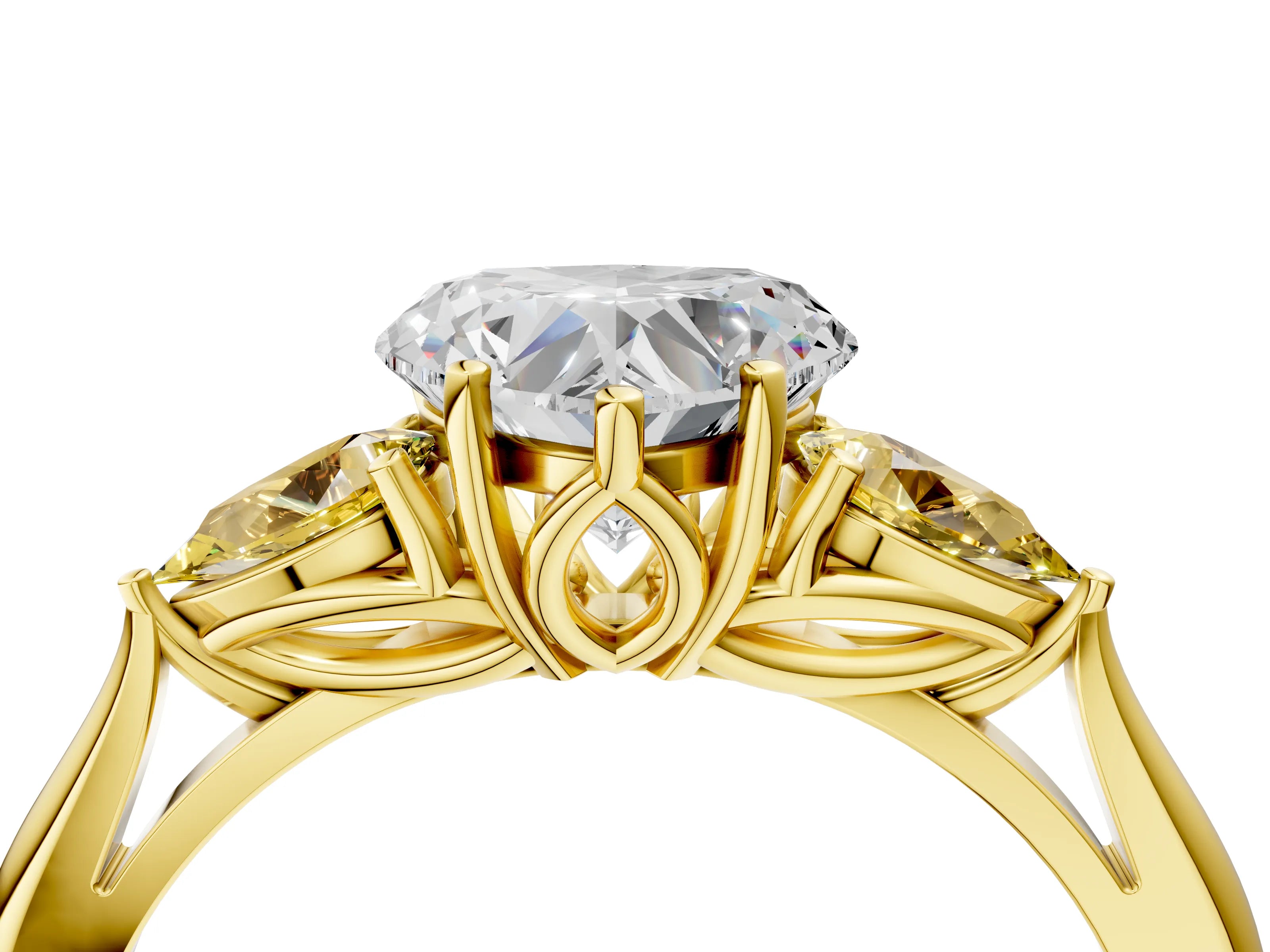 Yellow gold Heart Cut Diamond Three-Stone Ring with Pear with Yellow Sapphire side stone Side Stones and Prong Setting_4