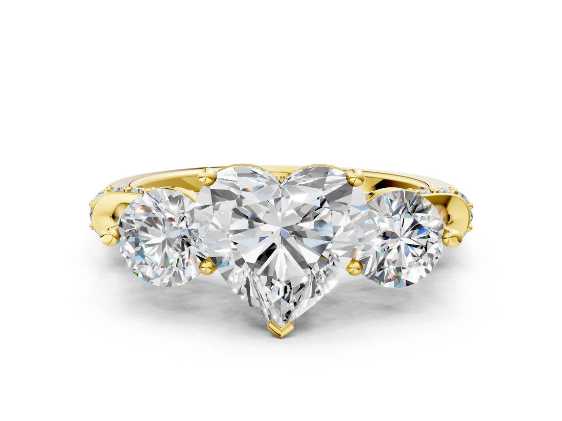 Yellow gold Heart Cut Diamond Three-Stone Ring with Prong Setting and Pavé Band_3