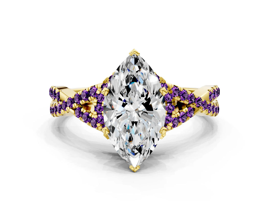 Yellow gold Heart Cut Diamond with Amethyst side stone Halo Twist Band Solitaire Prong Setting Ring_12