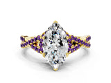 Yellow gold Heart Cut Diamond with Amethyst side stone Halo Twist Band Solitaire Prong Setting Ring_12