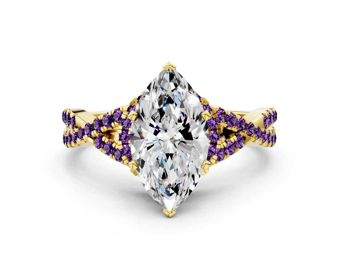 Yellow gold Heart Cut Diamond with Amethyst side stone Halo Twist Band Solitaire Prong Setting Ring_36