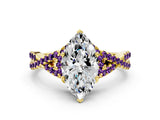Yellow gold Heart Cut Diamond with Amethyst side stone Halo Twist Band Solitaire Prong Setting Ring_36