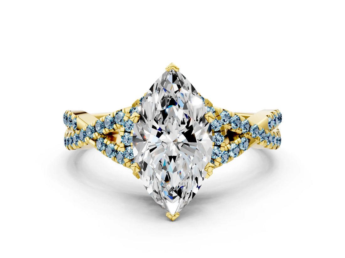 Yellow gold Heart Cut Diamond with Aquamarine side stone Halo Twist Band Solitaire Prong Setting Ring_12