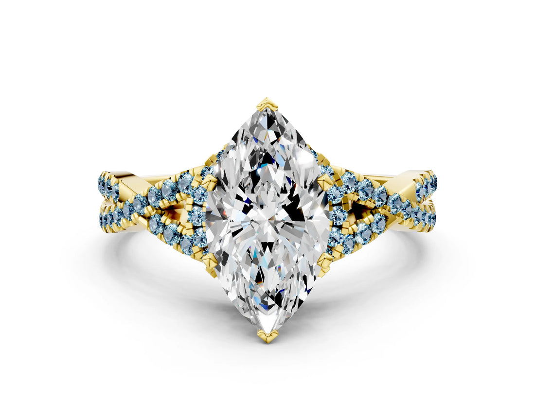 Yellow gold Heart Cut Diamond with Aquamarine side stone Halo Twist Band Solitaire Prong Setting Ring_36