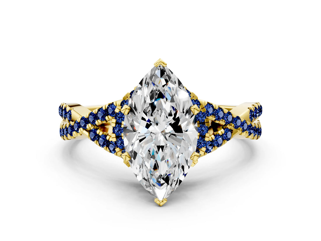 Yellow gold Heart Cut Diamond with Blue Sapphire side stone Halo Twist Band Solitaire Prong Setting Ring_36