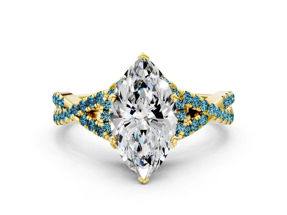 Yellow gold Heart Cut Diamond with Blue Topaz side stone Halo Twist Band Solitaire Prong Setting Ring_24